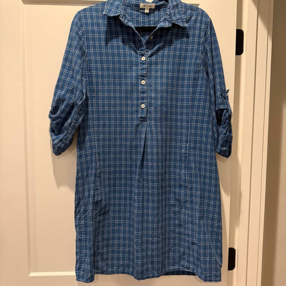 Coastal Preppy Max Studio Blue Plaid Cotton Shirt Dress Tunic Women's L